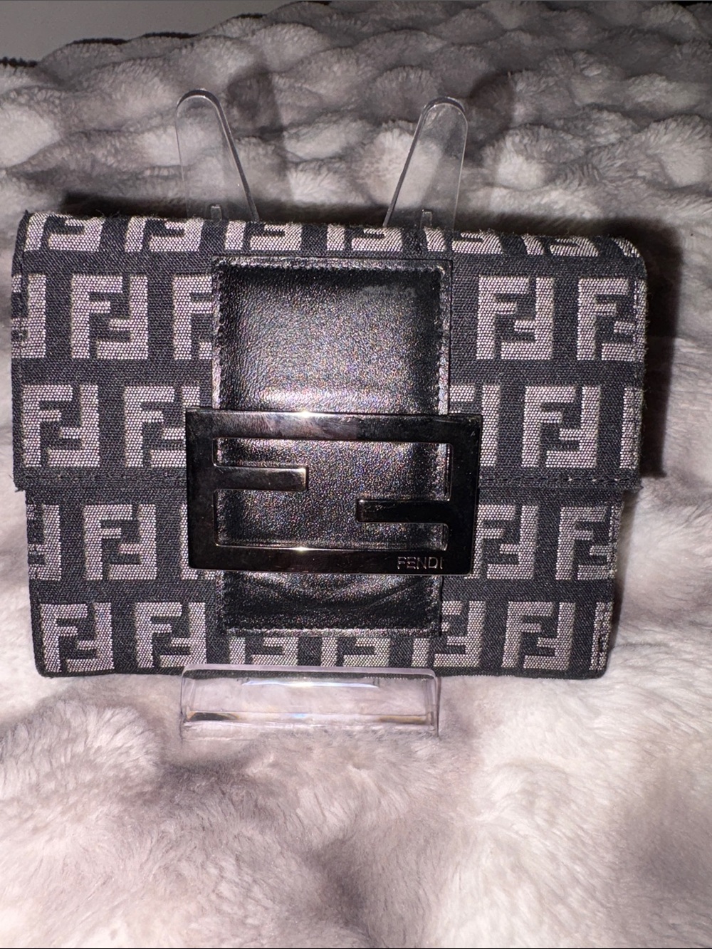 Fendi Gray & Black Mini FF Logo Canvas Wallet with Logo Buckle